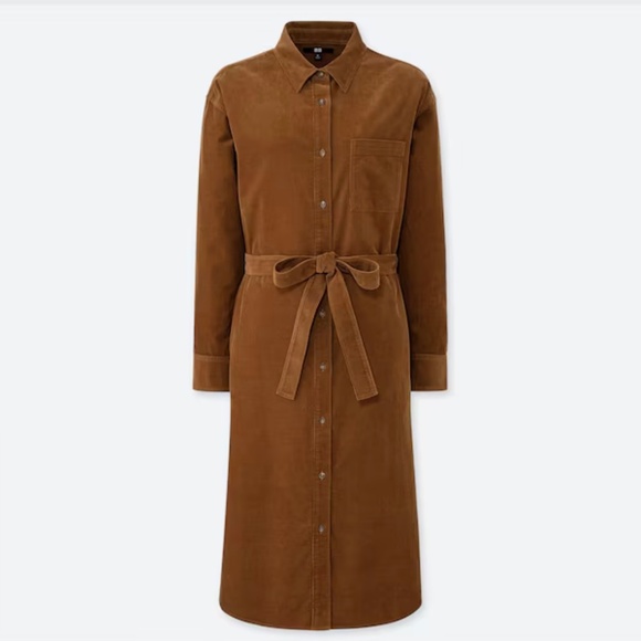 Uniqlo S Corduroy Midi Shirt Dress. Brown, Belted - Picture 2 of 6